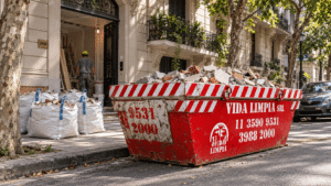 Volquete cargado con escombros junto a bolsas de escombro en la vereda de una obra en CABA
